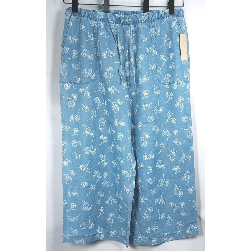 Hope & Harlow Floral Chambray Pants Womens 1X Blue White Pockets Wide Leg Travel